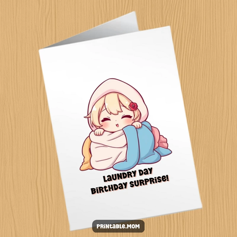 Funny Free Printable Birthday Card: Character peeking from behind a huge laundry pile with a playful wink, a relatable card.