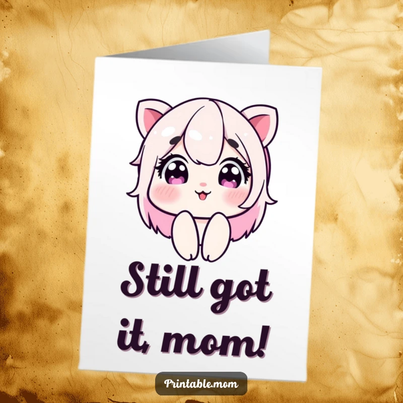 Funny Free Printable Birthday Card: Mom winks playfully, her eyes sparkling with a secret, fun message.