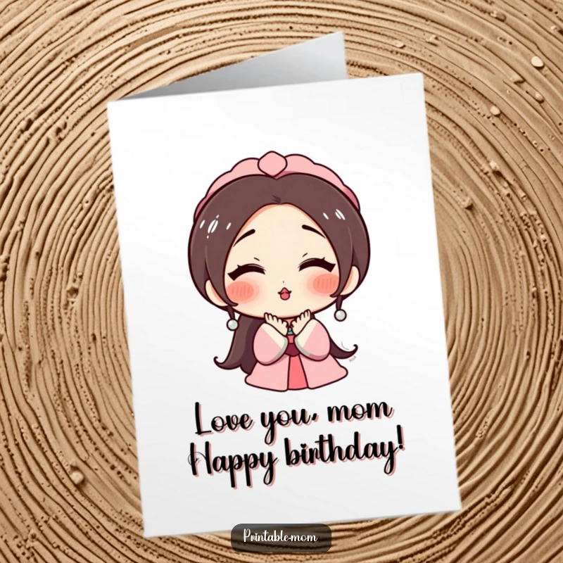 Funny Free Printable Birthday Card: Mom with Rosy Cheeks Blowing a Kiss Lovingly