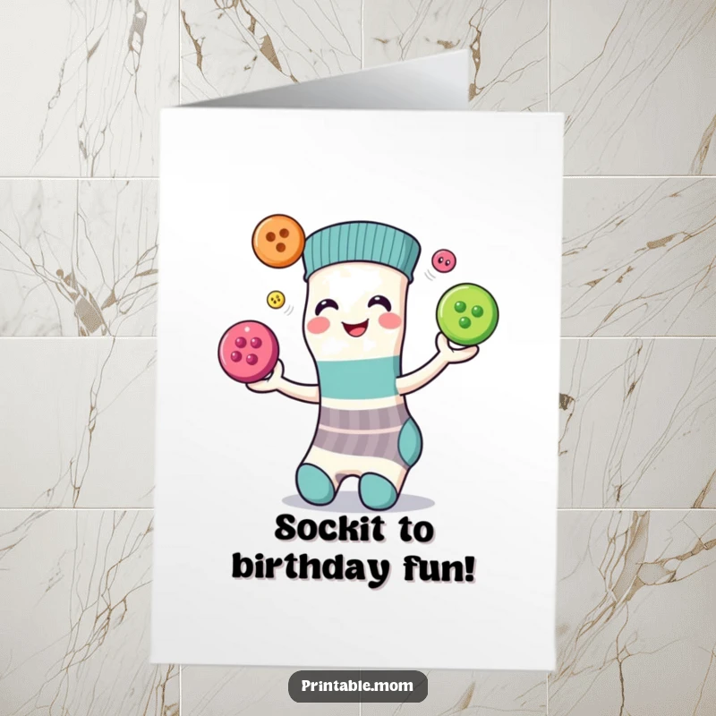 Funny Free Printable Birthday Card: A happy sock character juggling colorful buttons with glee.