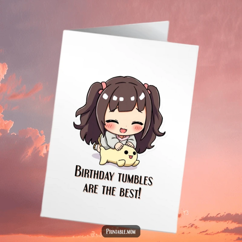 Funny Free Printable Birthday Card: A mom smiling while comically tripping over a small toy on the floor.