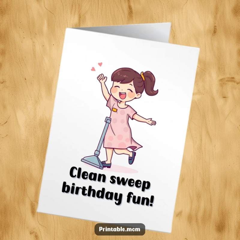 Funny free printable birthday card: a happy mom character joyfully dancing with a vacuum cleaner, making chores fun.