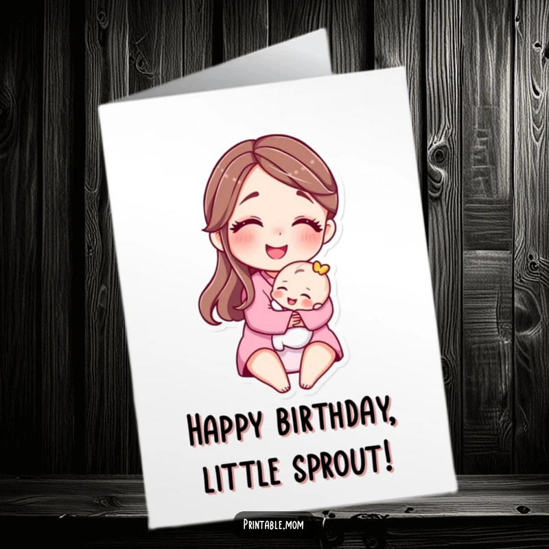Funny Free Printable Birthday Card: Smiling mother character hugging a tiny baby, full of birthday love.