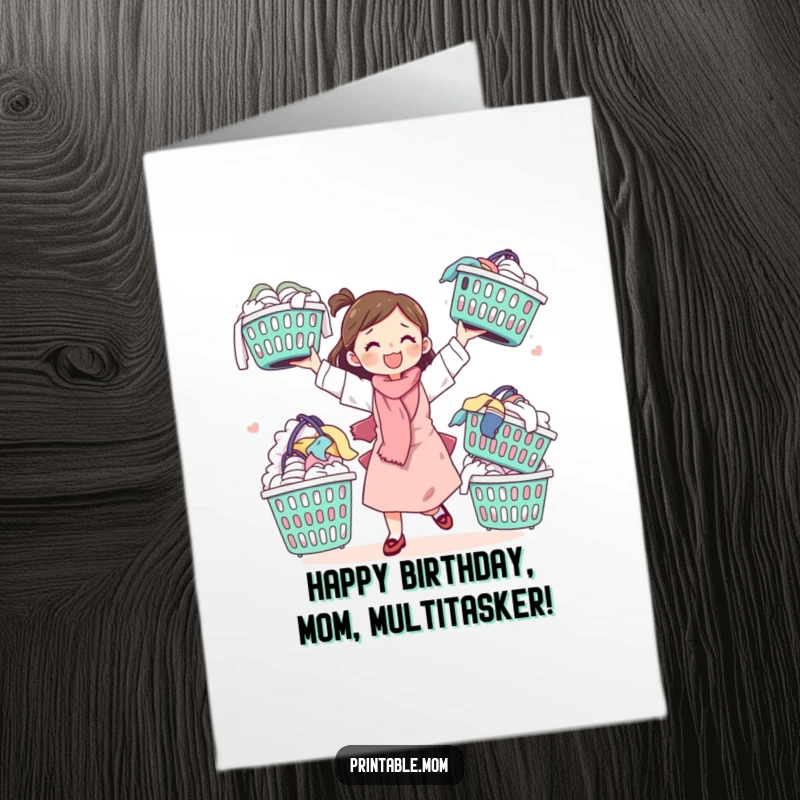 Funny Free Printable Mom Birthday Card: A mom joyfully juggles overflowing laundry baskets, a relatable celebration.