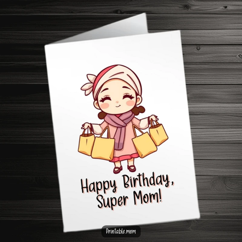 Funny Free Printable Birthday Card showing a mom in a headband, expertly juggling grocery bags with a strained smile.