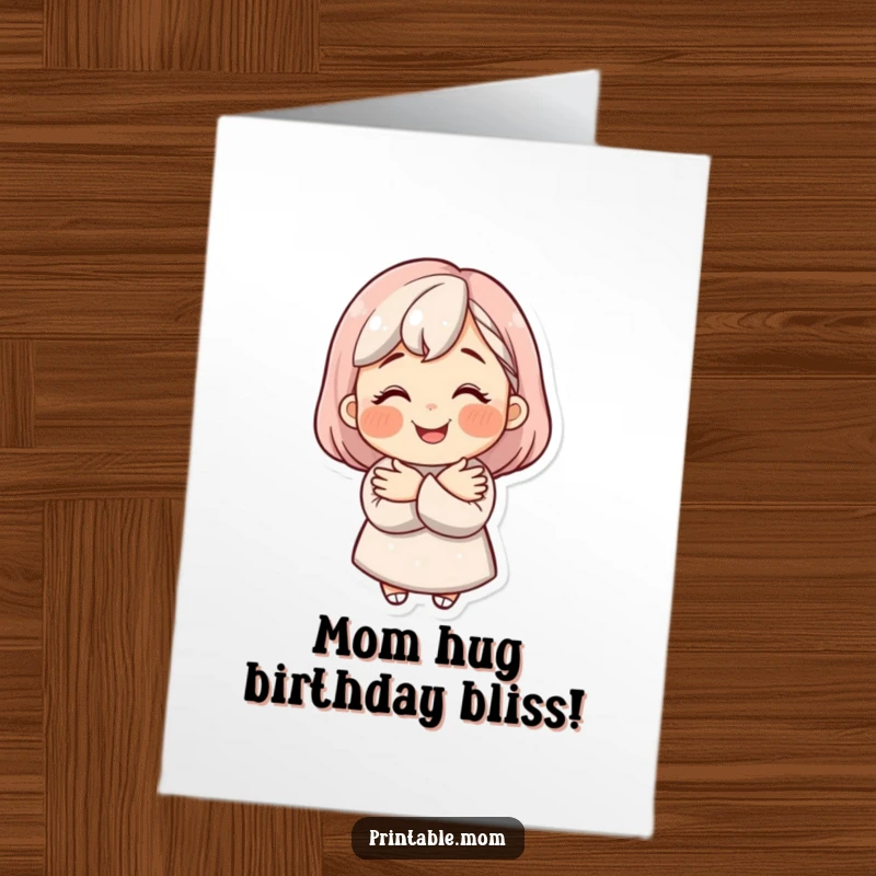 Funny free printable birthday card featuring a loving mom character with a beaming smile giving a warm, comforting hug.
