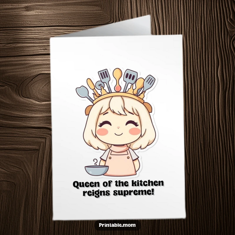 Funny Free Printable Birthday Card featuring a smiling mom with a crown of cooking utensils, a perfect DIY gift.