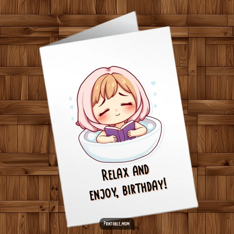 Funny Free Printable Birthday Card: A smiling mom character looking tired but happy, floating in a bubble bath with a book.