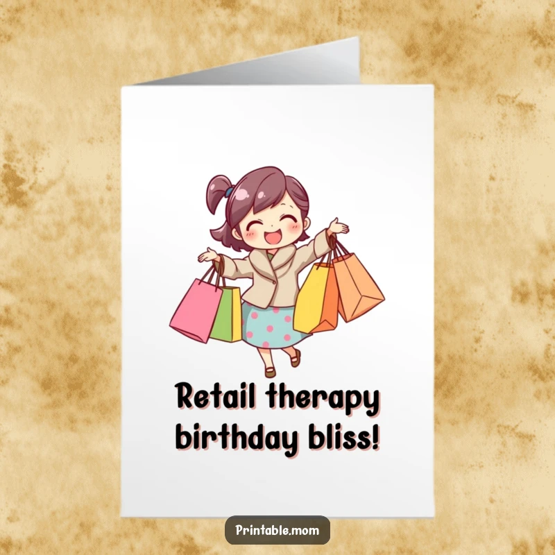 Funny Free Printable Birthday Card: A mom happily juggling multiple shopping bags, celebrating abundance.