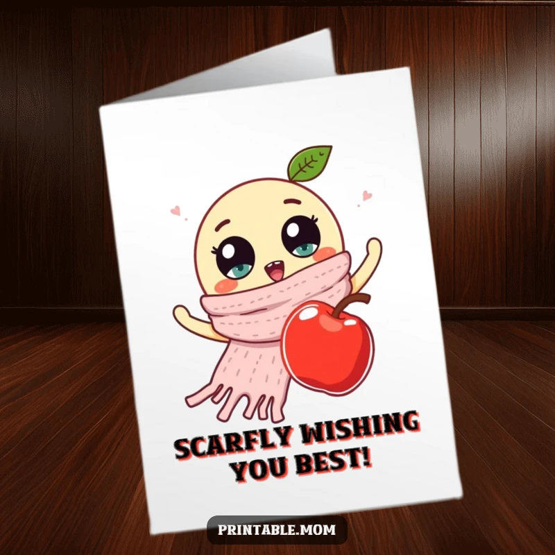 Funny Free Printable Birthday Card: Knitted scarf with googly eyes waving at a falling apple.