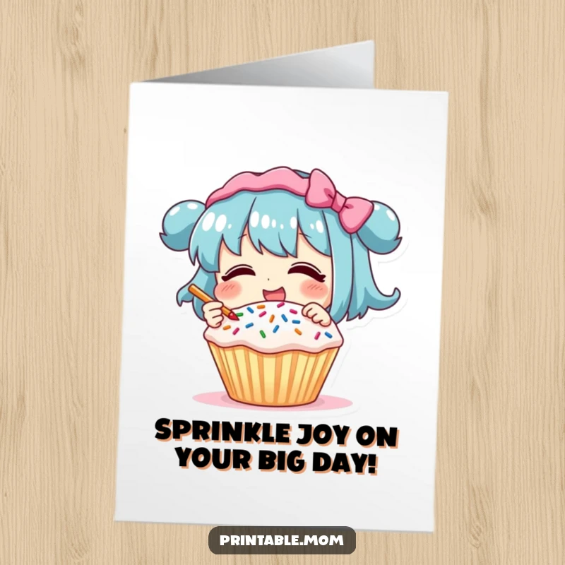 Funny Free Printable Birthday Card: Character giggling while happily decorating a cupcake with a shower of colorful sprinkles.