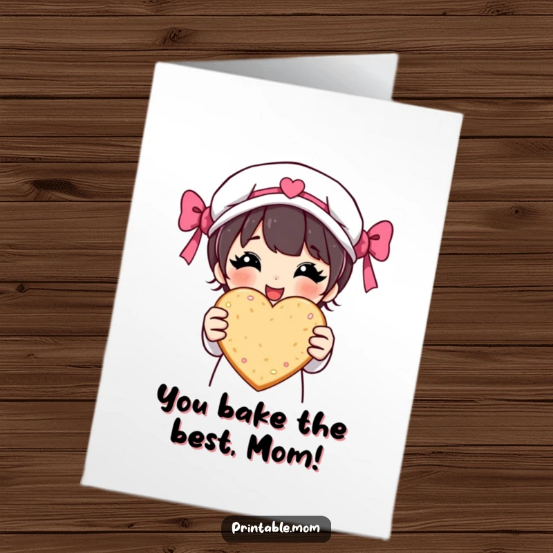 Funny Free Printable Birthday Card: Proud mom offers giant heart cookie, beaming with goofy pride for a downloadable gift.