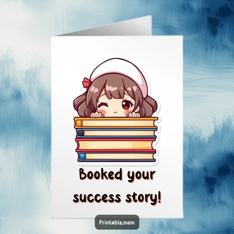 Free Printable Congratulations Card: A mom character peeking from behind colorful books, celebrating a milestone.