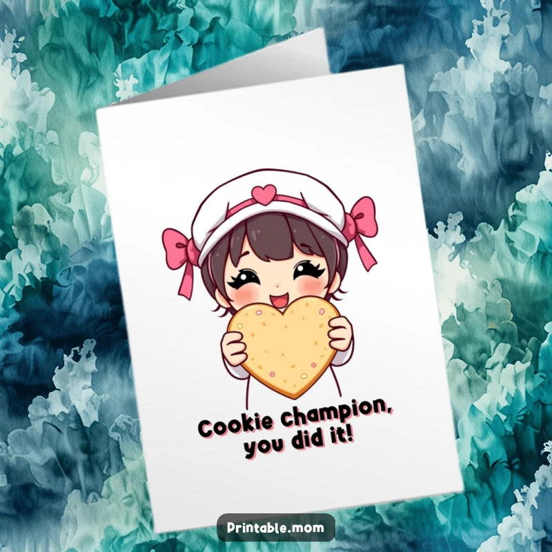 Funny Free Printable Congrats Card: Proud mom presents a huge heart cookie, celebrating great news with pure delight.