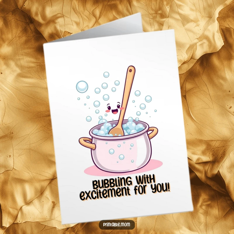 Funny Free Printable Congratulations Card: Bewildered spoon stirring a pot overflowing with bubbles, a funny congrats.