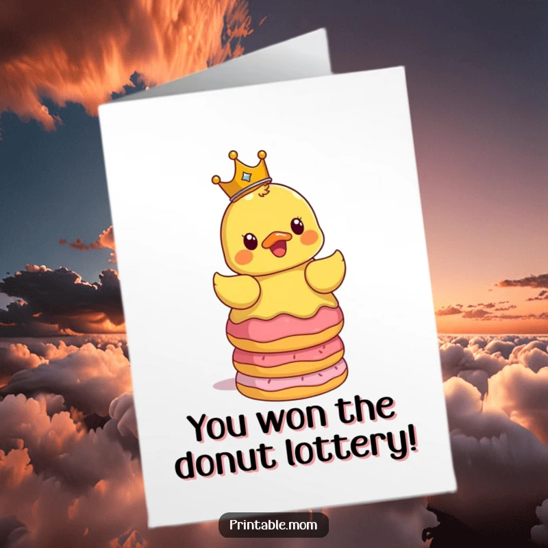 Funny Free Printable Congratulations Card: Ducky in crown with donuts, expressing cheerful surprise.