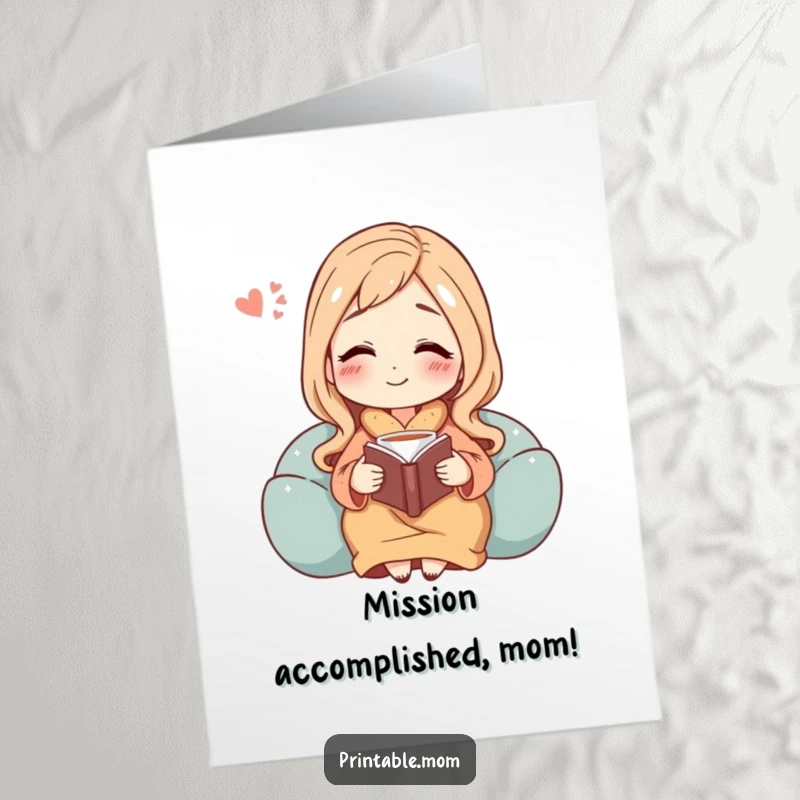 Funny Free Printable Congratulations Card Mom: A mom savors her tea and book after a big win, enjoying well-earned peace.