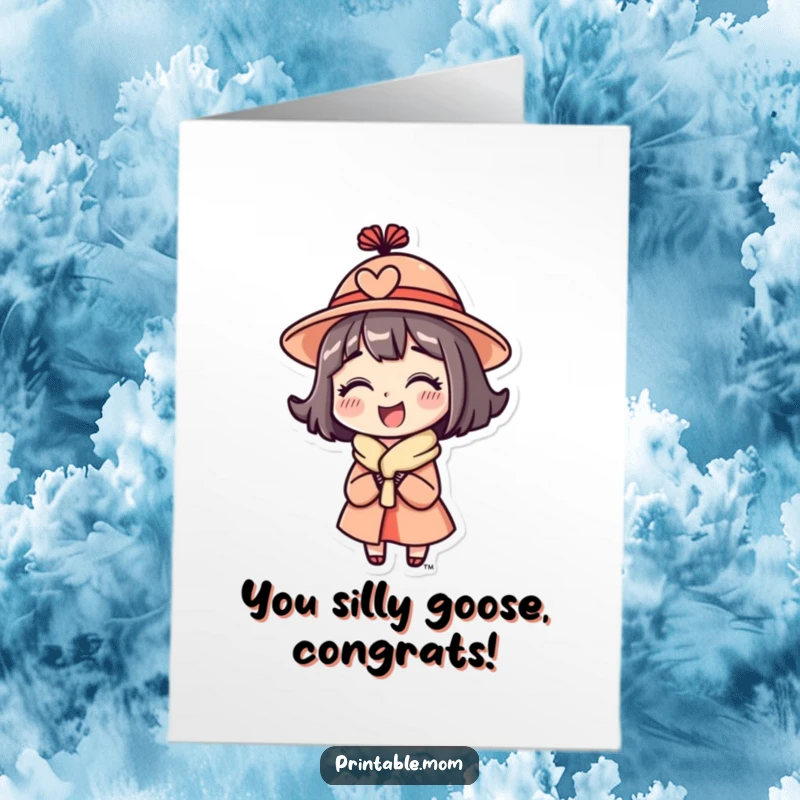 Free Printable Congratulations Card: A mom character wearing a funny hat and looking delighted, ideal for a downloadable gift.