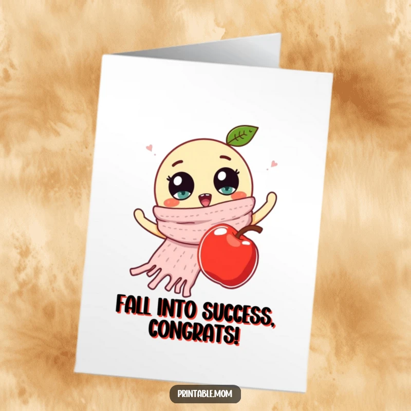Funny Free Printable Congratulations Card: Waving googly-eyed scarf chasing a falling apple.