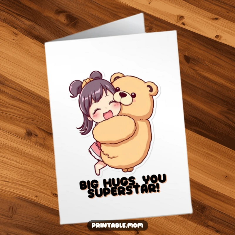Free Printable Congratulations Card: A mom character enthusiastically hugging a giant stuffed animal, ideal for a downloadable gift.