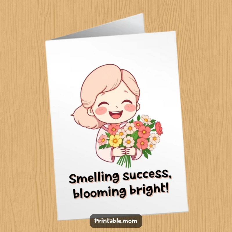 Funny free printable congratulations card showing a mom character joyfully laughing while holding a vibrant bouquet of flowers.