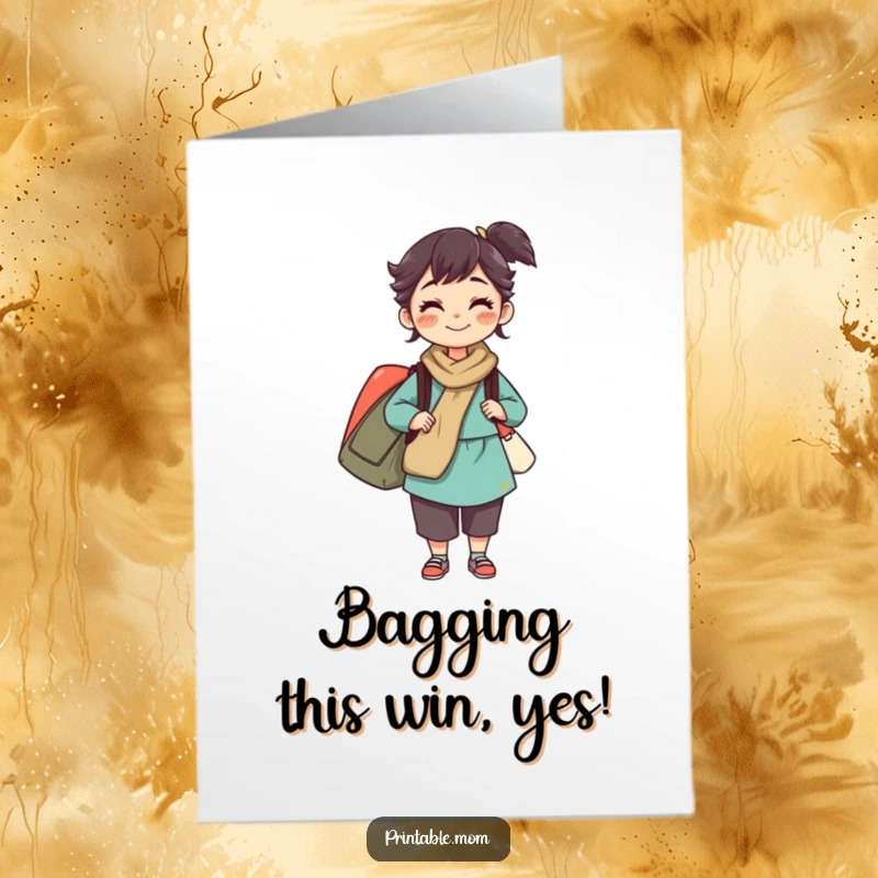 Funny Free Printable Congratulations Card: Mom expertly balances multiple bags, her grin showing sheer determination.