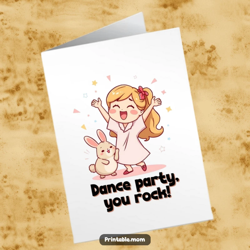 Free Printable Congratulations Card showing a mom doing a happy dance with a dust bunny, a funny DIY gift.