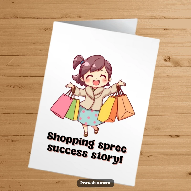 Funny Free Printable Congratulations Card: A cheerful mom expertly balancing a tower of shopping bags.