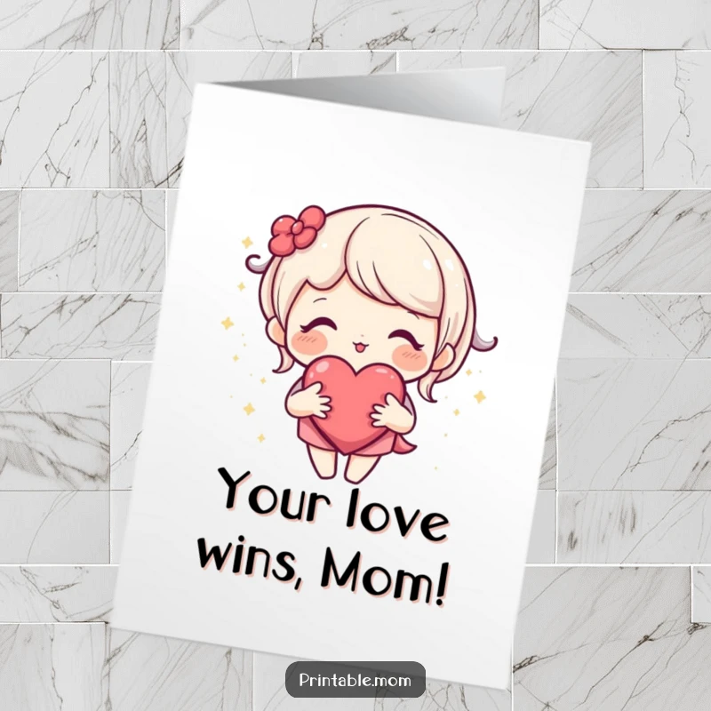Free Printable Congrats Card: Loving mom radiates warmth with an open, sparkling heart, cheering on their big win.