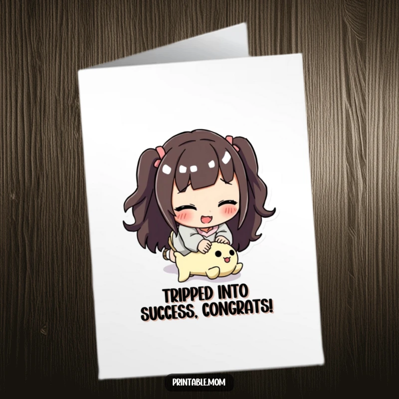 Funny Free Printable Congratulations Card: A mom with a grin takes a comical tumble over a scattered toy.