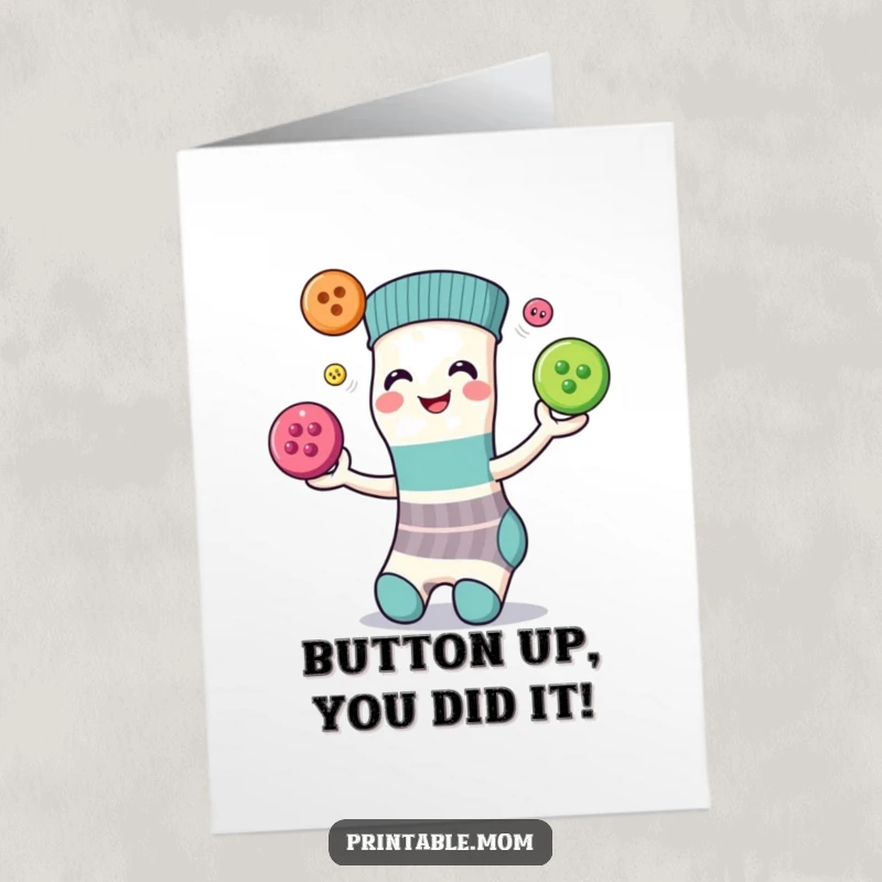 Funny Free Printable Congratulations Card: A smiling sock juggles three colorful buttons skillfully.