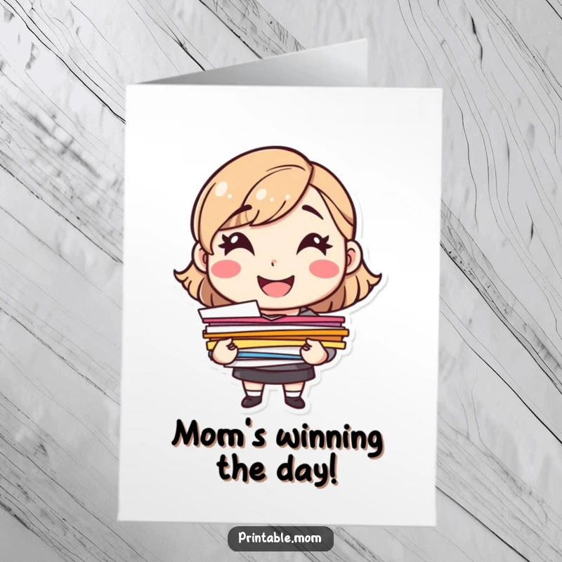 Free Printable Congratulations Card: Cheerful mom character beaming, holding a pile of colorful papers.