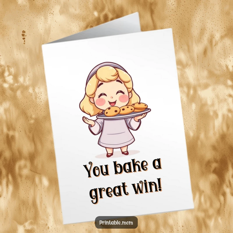 Free Printable Congratulations Card: Mom proudly presents a plate of freshly baked cookies, celebrating achievement.