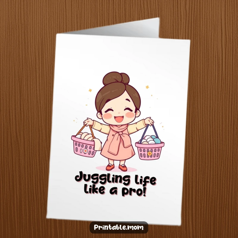 Funny free printable congratulations card featuring a happy mom character juggling laundry baskets, celebrating her impressive skills.