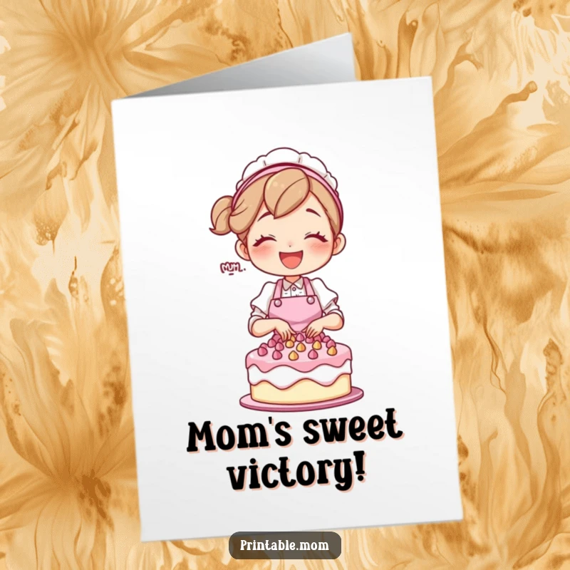 Free Printable Congratulations Card: Mom character wearing apron happily decorating a cake.