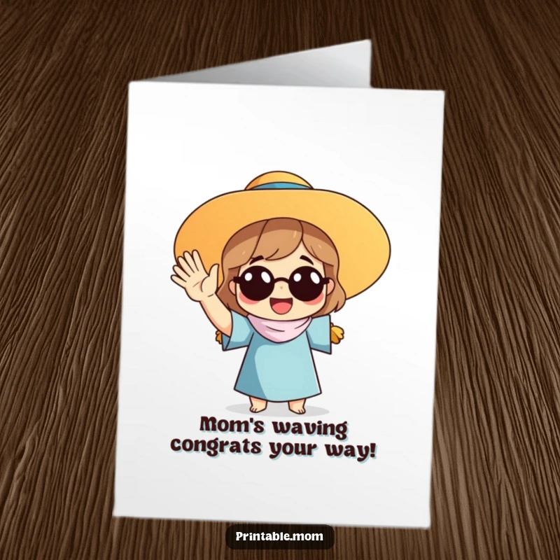 Funny Free Printable Congratulations Card featuring a mom in a sun hat waving energetically, sending enthusiastic congrats and sunny good wishes.