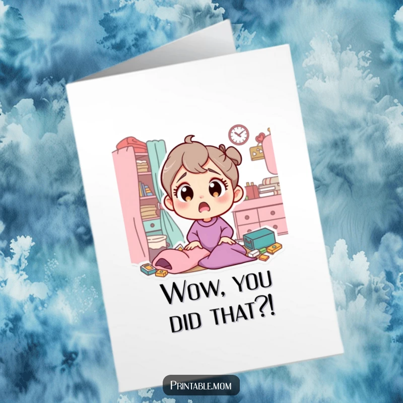 Funny free printable congratulations card featuring a mom character with shocked eyes discovering a spectacularly messy room.