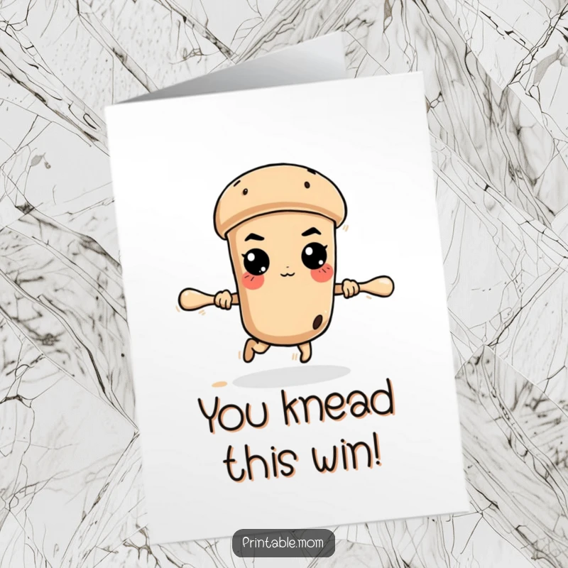 Funny Free Printable Congratulations Card: A runaway rolling pin with a determined expression, triumphantly rolling towards a new adventure.