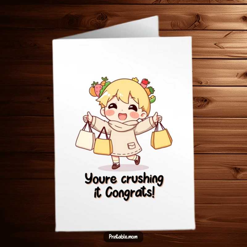 Funny Free Printable Congratulations Card: Character joyfully juggling many grocery bags, symbolizing handling life's tasks well.