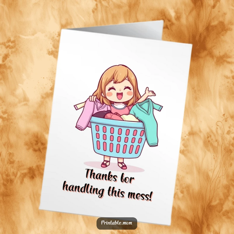 Funny Free Printable Thank You Card: A mom character happily tossing clothes from a laundry basket, sending thanks.