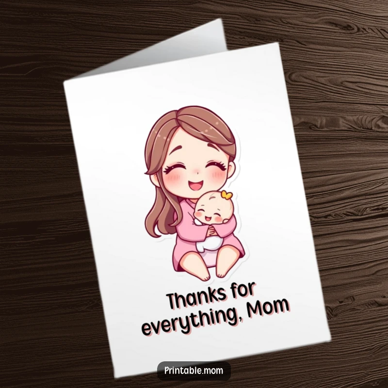 Funny Free Printable Thank You Card: Mother character hugging baby, expressing thanks with big smiles.