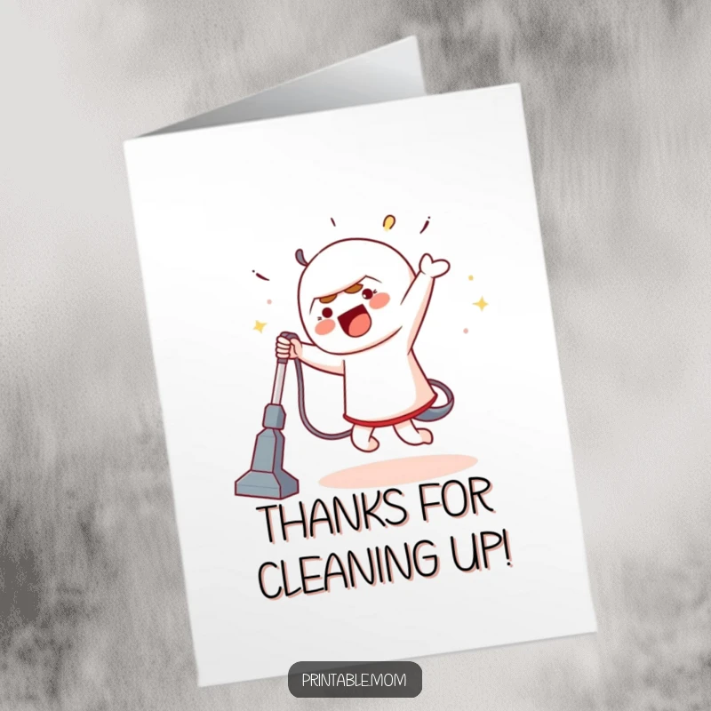 Funny Free Printable Thank You Card of a character doing a silly dance with a vacuum cleaner, a unique expression of gratitude.