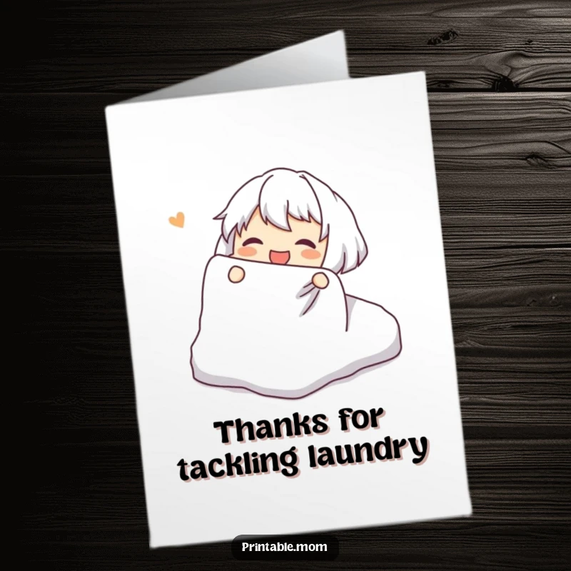 Funny Free Printable Thank You Card: Character joyfully engaged in the epic struggle of folding a notoriously difficult fitted sheet.