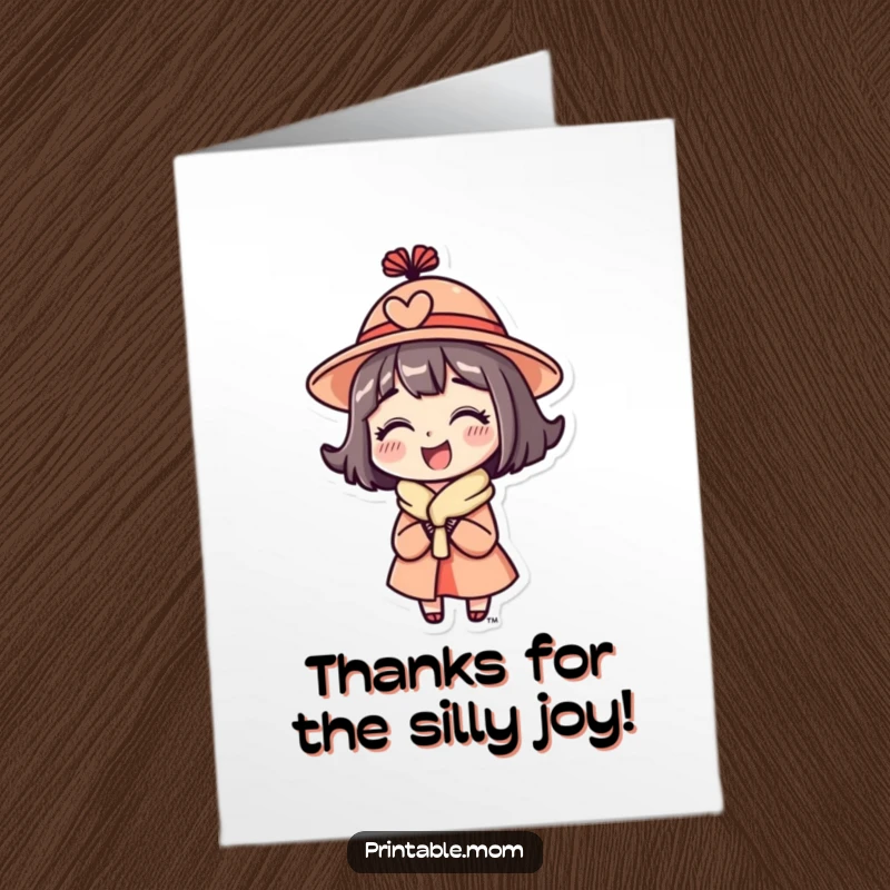 Funny Free Printable Thank You Card: A mom wearing a funny hat, looking delighted, perfect for a downloadable thank you.