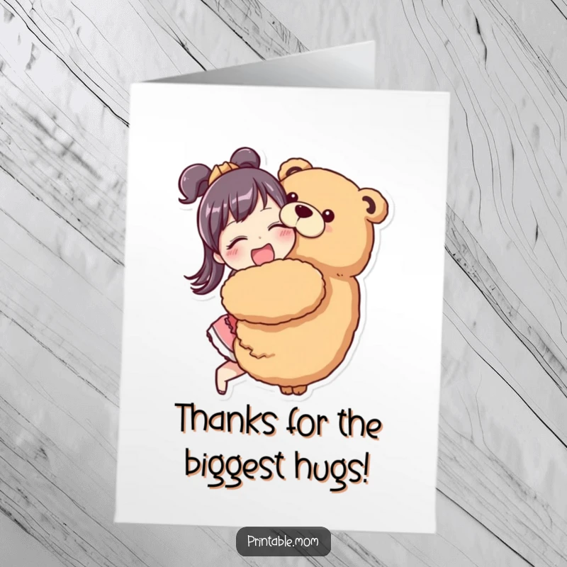 Funny Free Printable Thank You Card: A mom enthusiastically hugging a giant stuffed animal, perfect for a downloadable thank you.