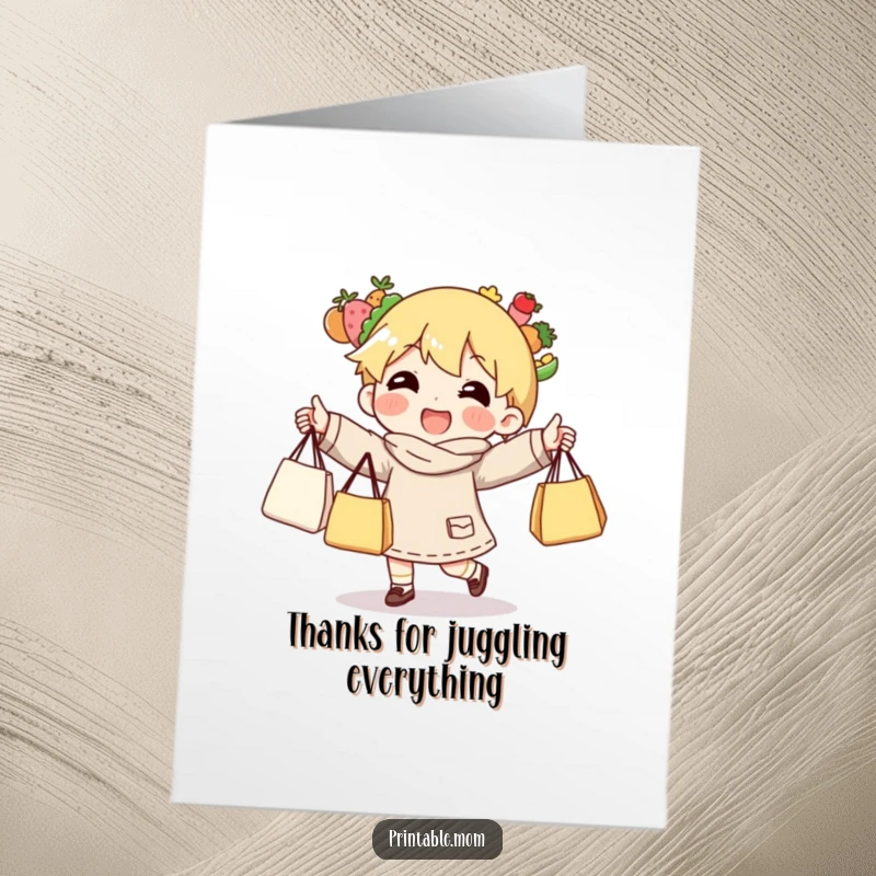 Funny Free Printable Thank You Card: Character comically juggling a mountain of grocery bags, looking slightly overwhelmed but happy.