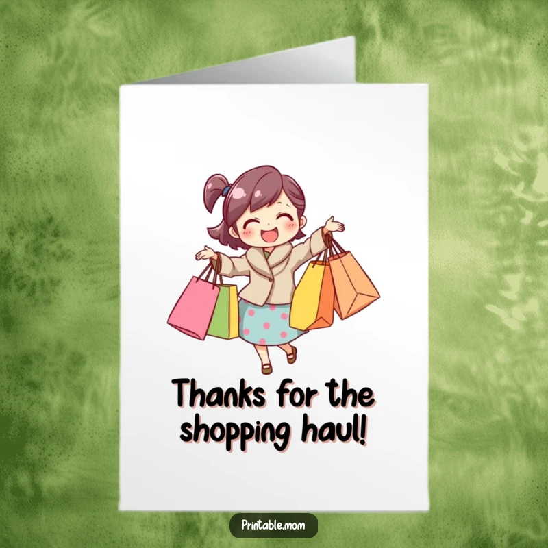 Funny Free Printable Thank You Card: A mom gleefully managing several overflowing shopping bags.