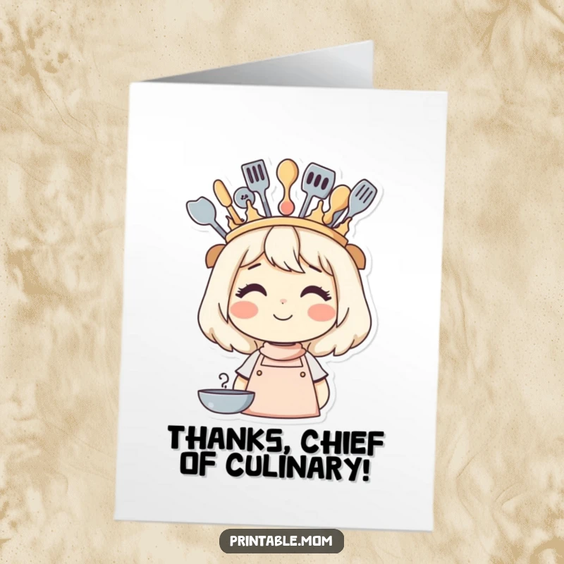 Funny Free Printable Thank You Card showing a mom with a crown made of cooking tools, a DIY thank you gift.