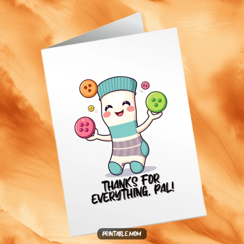 Funny Free Printable Thank You Card: A smiling sock character expertly juggles three buttons.