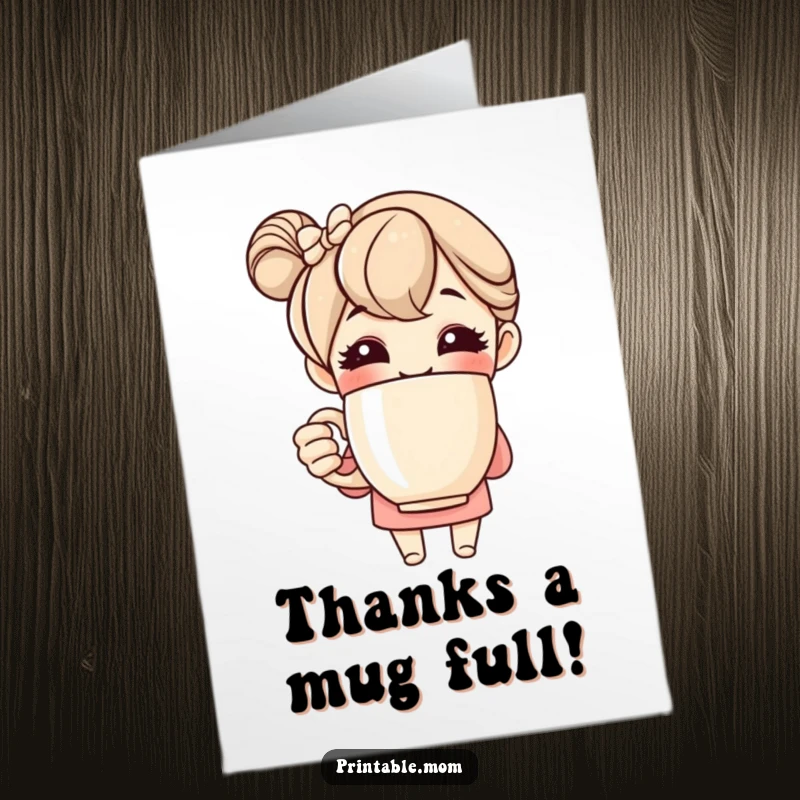 Funny free printable thank you card depicting a cheerful mom character clutching a giant coffee mug in appreciation.